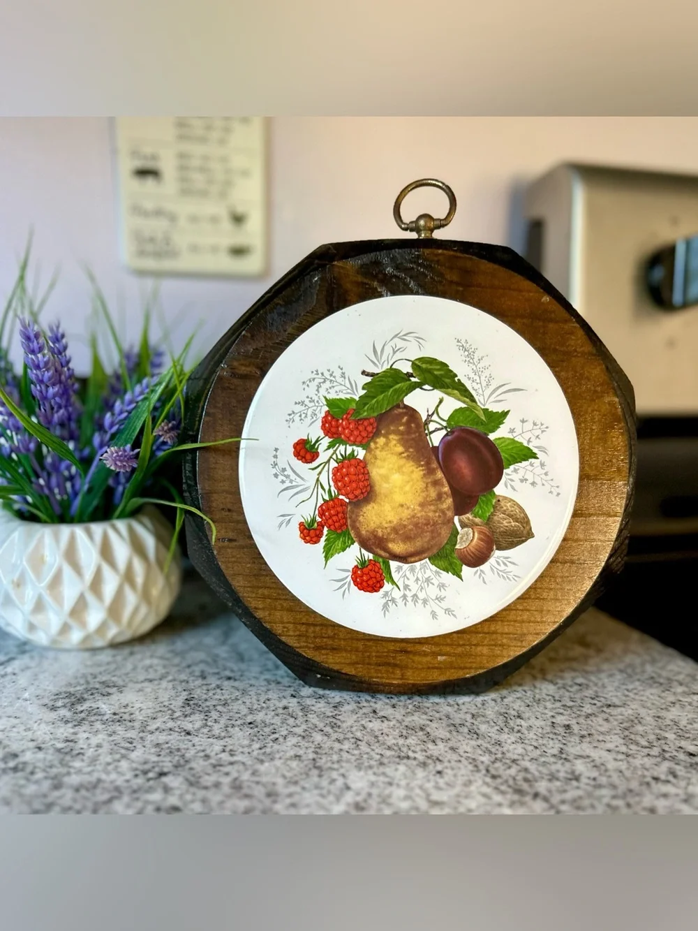 Vintage Fruits Featured on Ceramic Displayed on Wood Kitchen Wall Sign